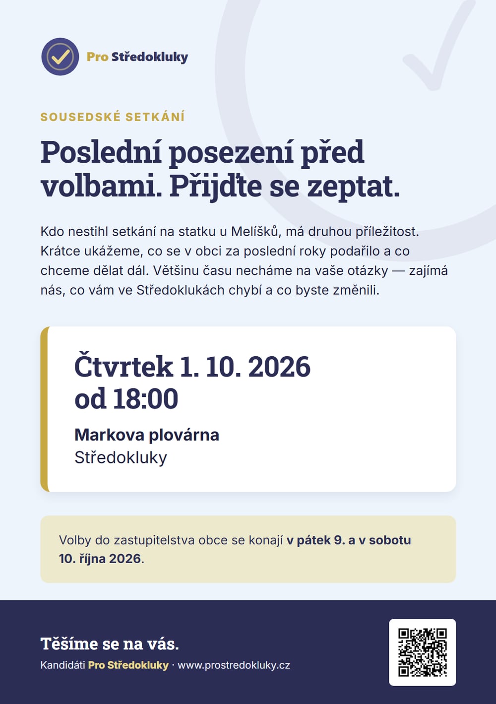 Pozvánka na sousedské setkání ve čtvrtek 1. 10. 2026 od 18:00 na Markově plovárně